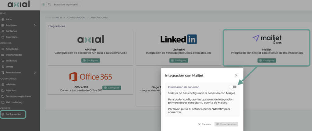 Configurar la integración AxialCRM Mailjet